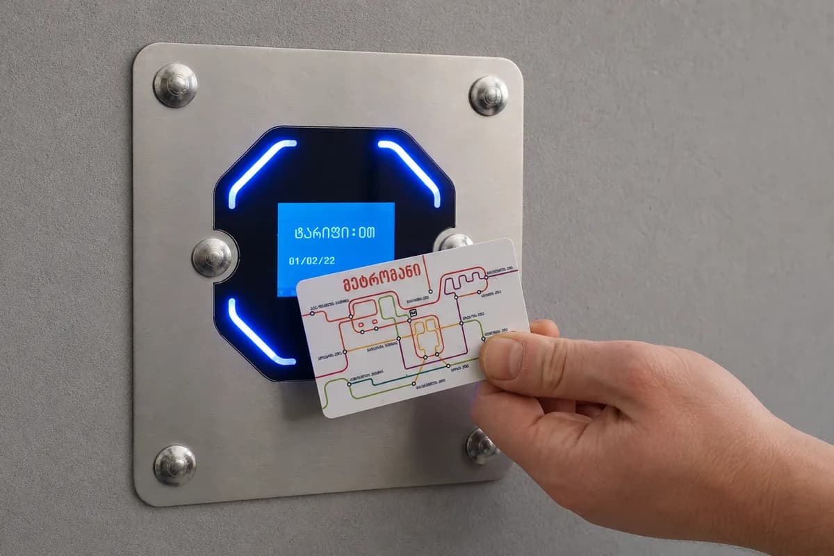 AzRy lift validator flush-mounted in a lift wall, with a Metromoney card being tapped on the reader